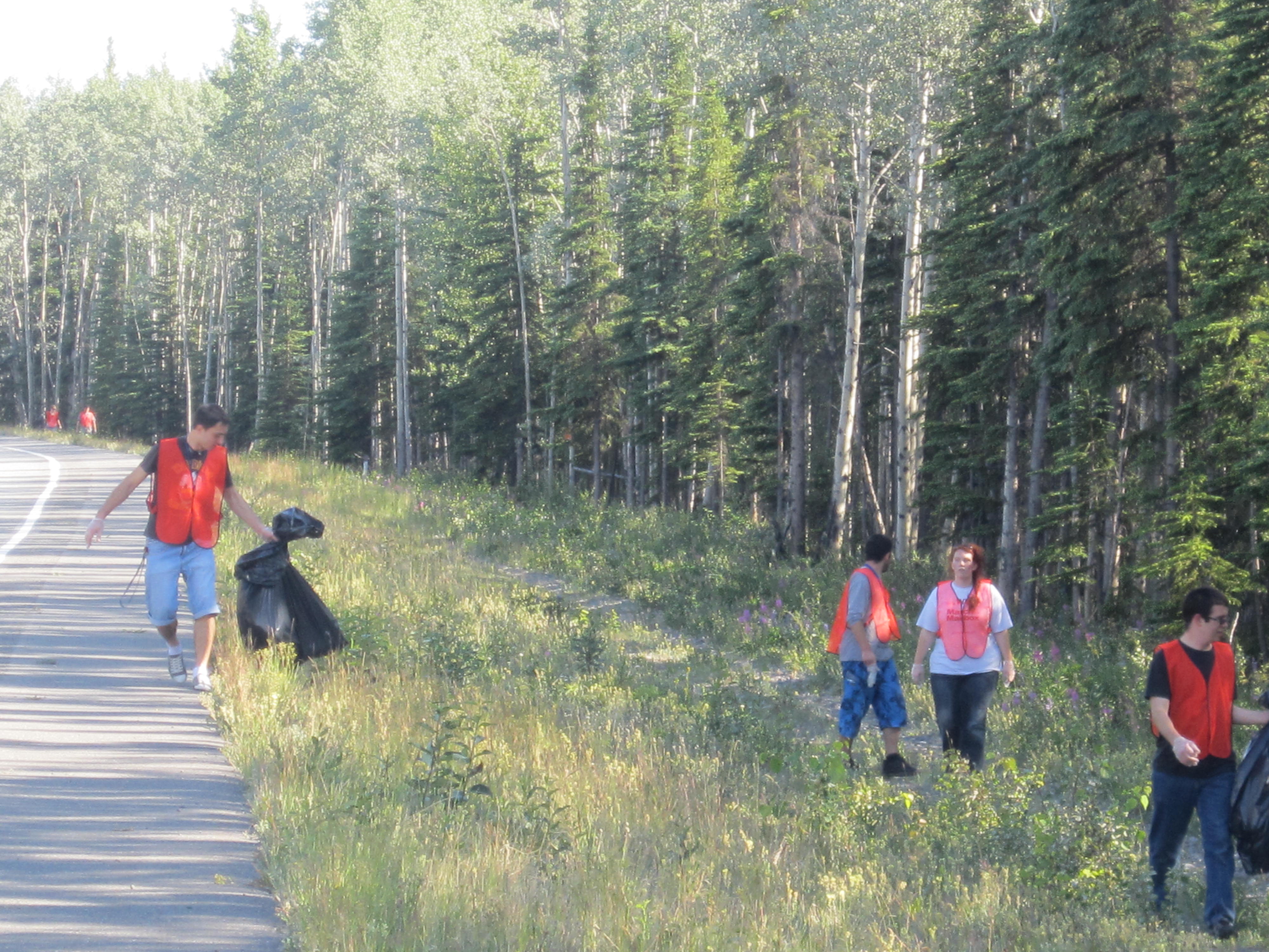 Vadim Bizga, Ile Taneski, Sarah Lafferty and Patrick Parriott (left to right) work to clean up the highway. Photo courtesy Princess Lodges. Princess Lodges employees volunteer wearing orange vests and collecting trash along the highway