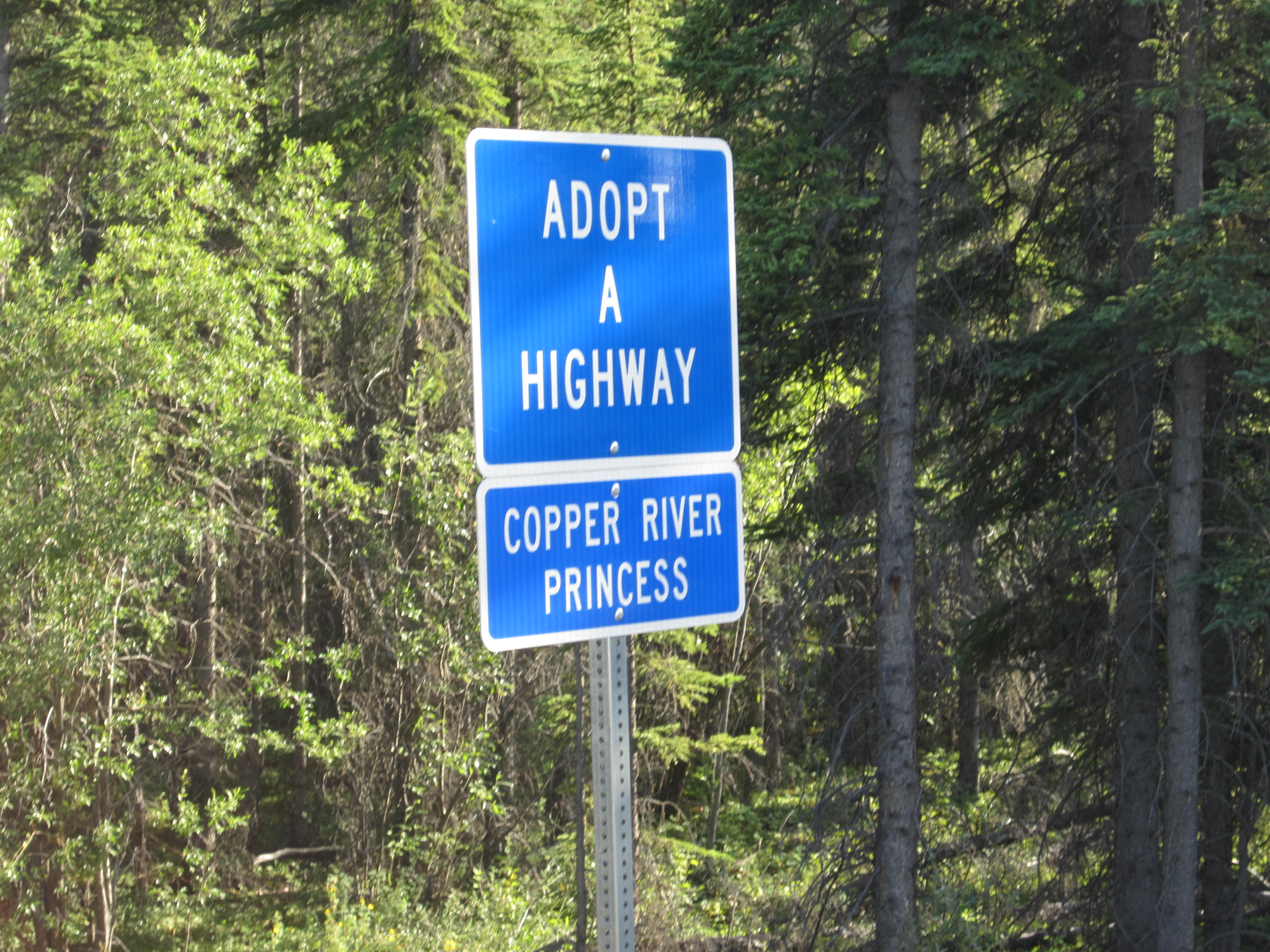 The Copper River Princess Wilderness Lodge adopted a mile of the Richardson Highway A blue Adopt A Highway sign sponsored by Copper River Princess