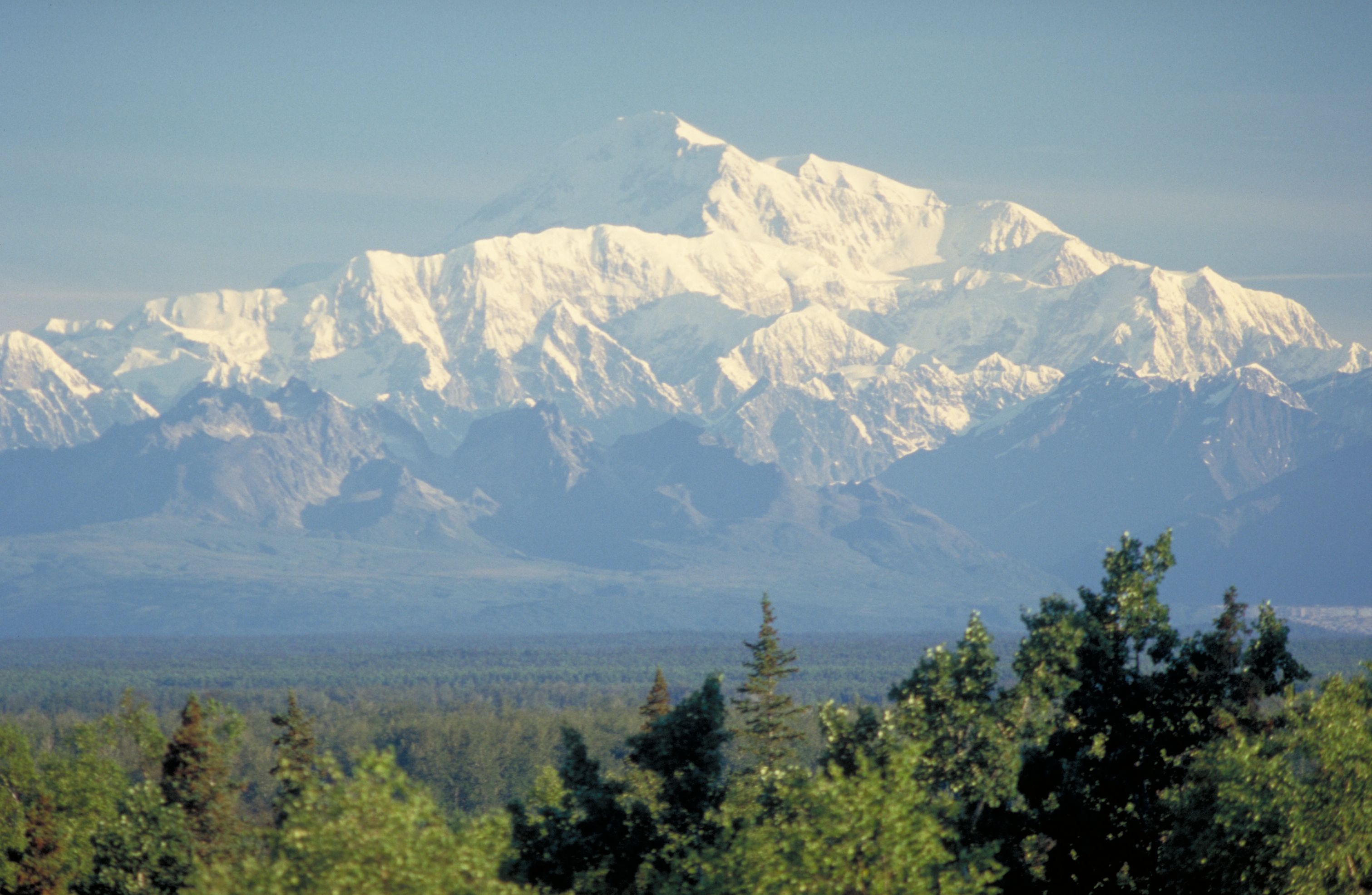Denali with the sun shining on it and blue sky all around, Denali National Park, Alaska Mt. McKinely Denali National Park Alaska