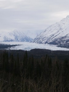 First Glacier Glacer at the base of two mountains covered with snow